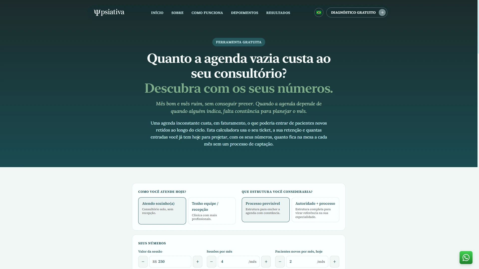 PsiAtiva ROI-calculator funnel — live interactive tool